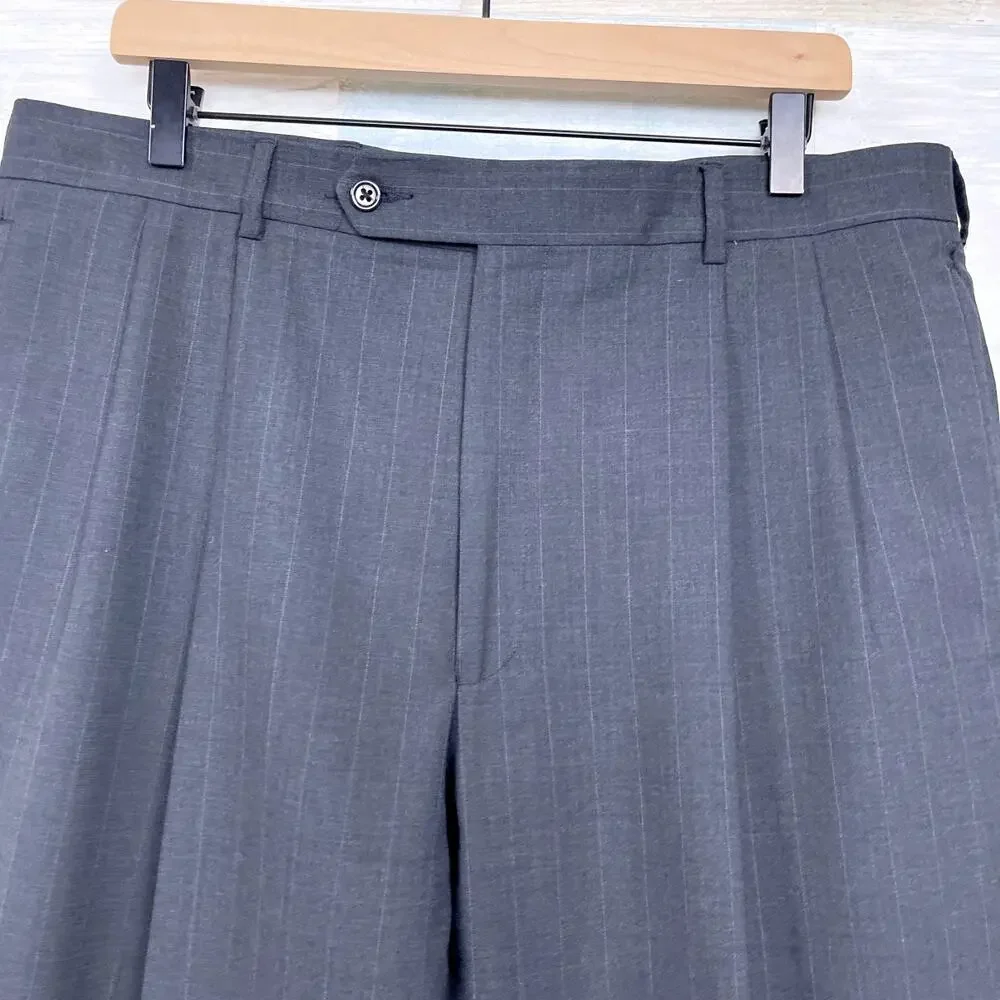 Jos A Bank Wool Pinstripe Suit Charcoal Gray Mens 42L Jacket 36R Pleated Pants